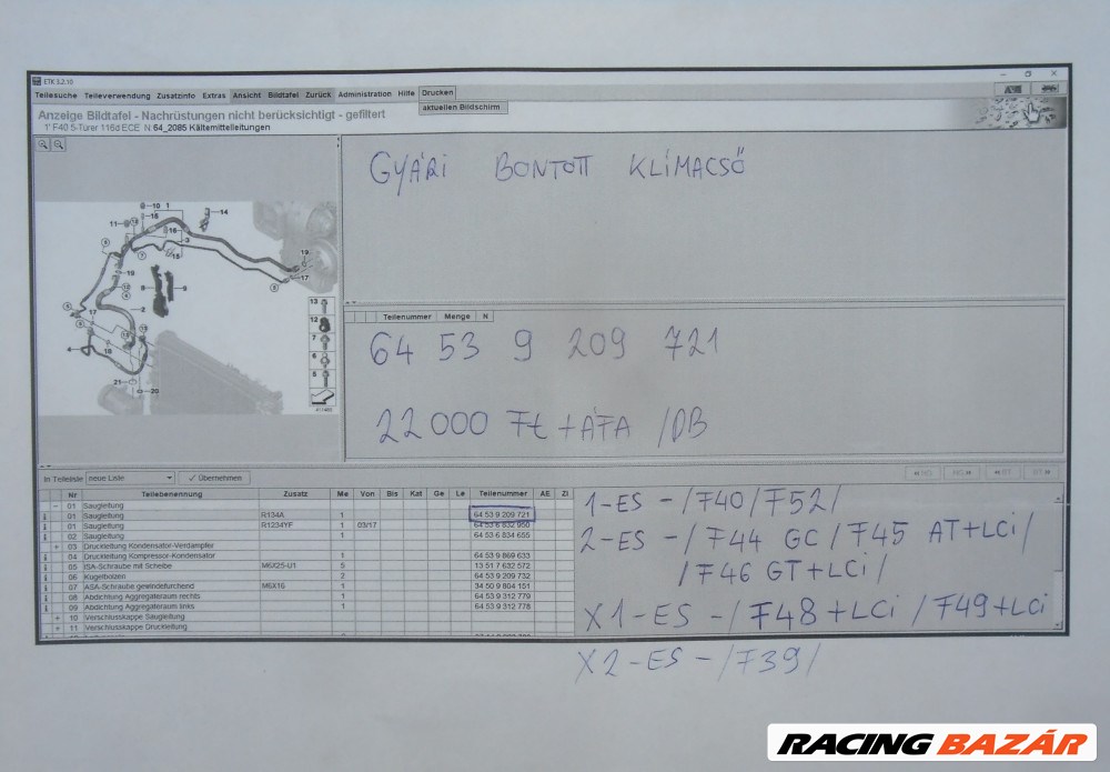 ÁR/DB [GYÁRI BONTOTT] BMW - KLÍMACSŐ - 1-ES - /F40/F52/; 2-ES -/ F44 GC/F45 AT+LCI/'F46 GT+LCI/; X1-ES -/F48+LCI/F49+LCI/;X2-ES - /F39/ - |CSZ.: 9209721| 2. kép